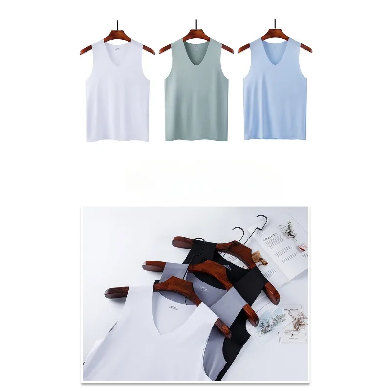 Men's Sleeveless T-shirt Vest Sports Ice Silk Fitness Undershirts Underwears Traceless Summer Slim Fit Breathable Singlet M-5XL