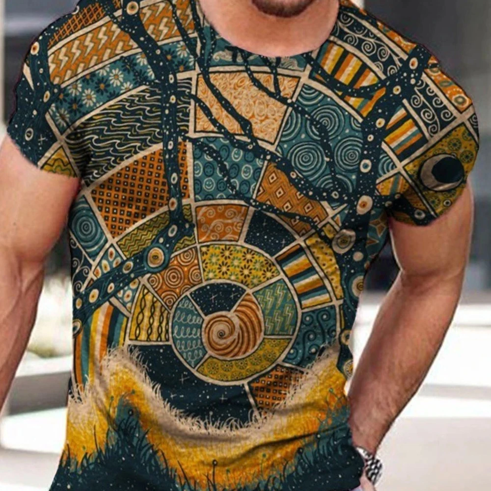 SHUJIN Men's Vintage Oversized Short Sleeve T Shirts 2021 Summer Harajuku Ethnic Style 3D Print O Collared Graphic T-Shirt