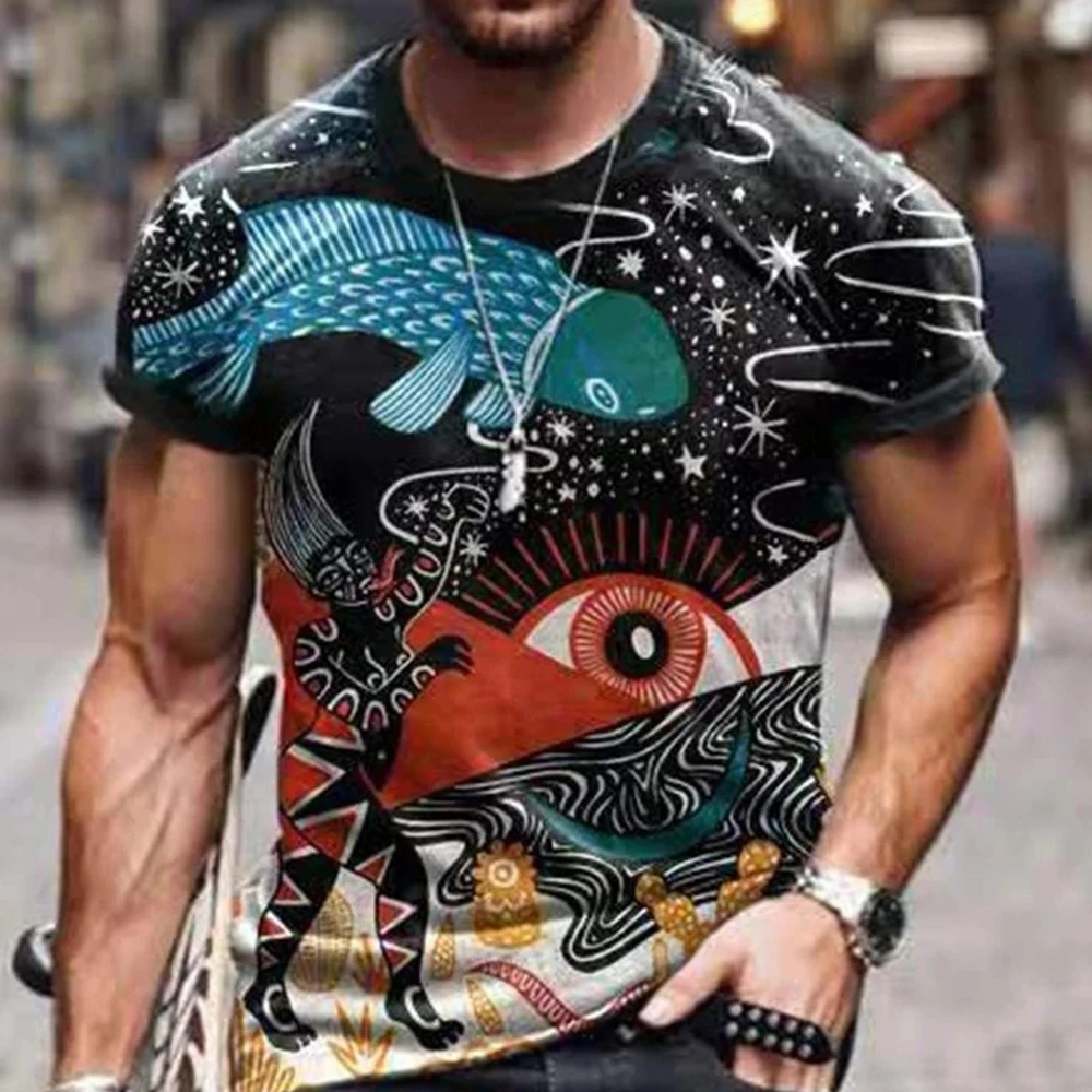 SHUJIN Men's Vintage Oversized Short Sleeve T Shirts 2021 Summer Harajuku Ethnic Style 3D Print O Collared Graphic T-Shirt