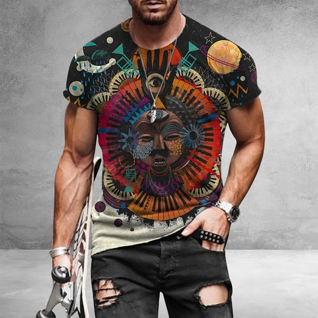 SHUJIN Men's Vintage Oversized Short Sleeve T Shirts 2021 Summer Harajuku Ethnic Style 3D Print O Collared Graphic T-Shirt