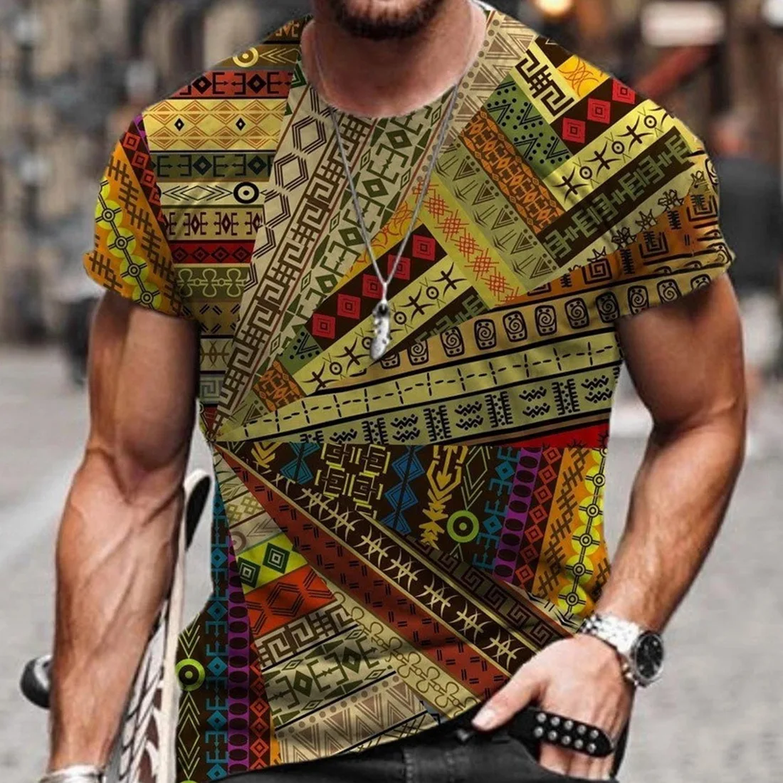 SHUJIN Men's Vintage Oversized Short Sleeve T Shirts 2021 Summer Harajuku Ethnic Style 3D Print O Collared Graphic T-Shirt
