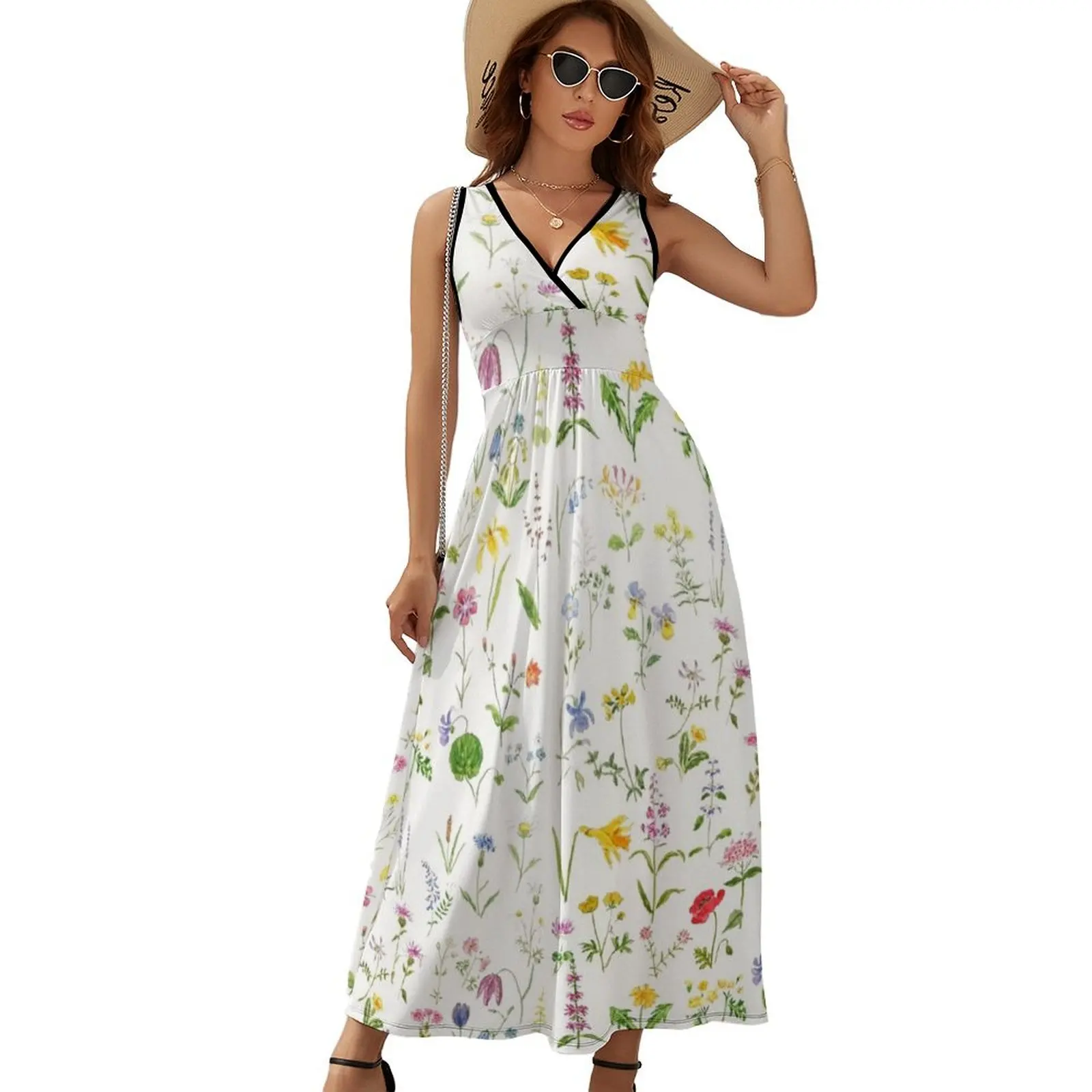 hand painted botanical colorful countryside wildflowers watercolor painting Sleeveless Dress clothes Dress