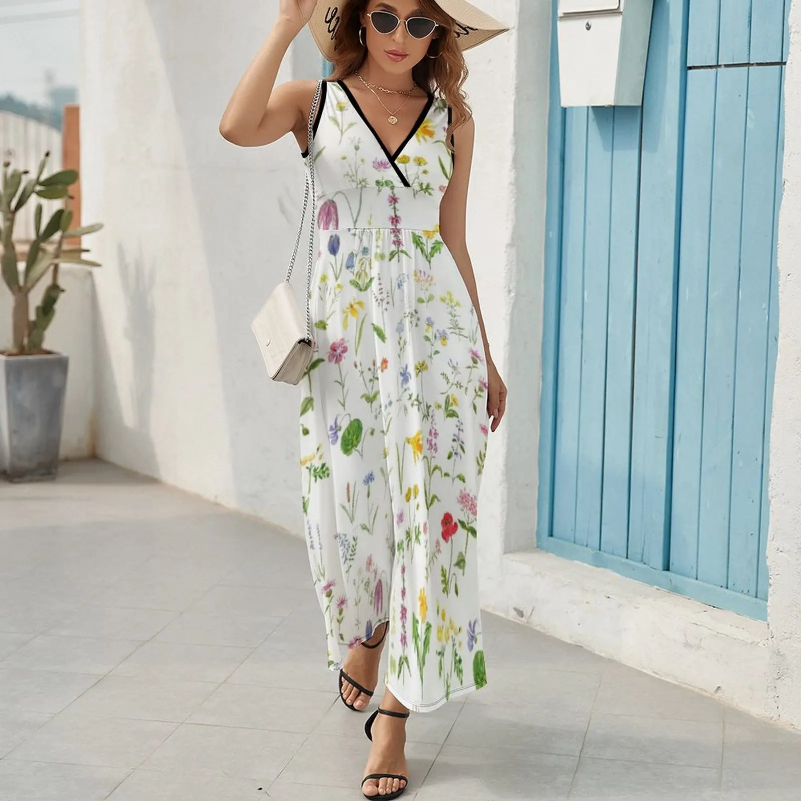 hand painted botanical colorful countryside wildflowers watercolor painting Sleeveless Dress clothes Dress