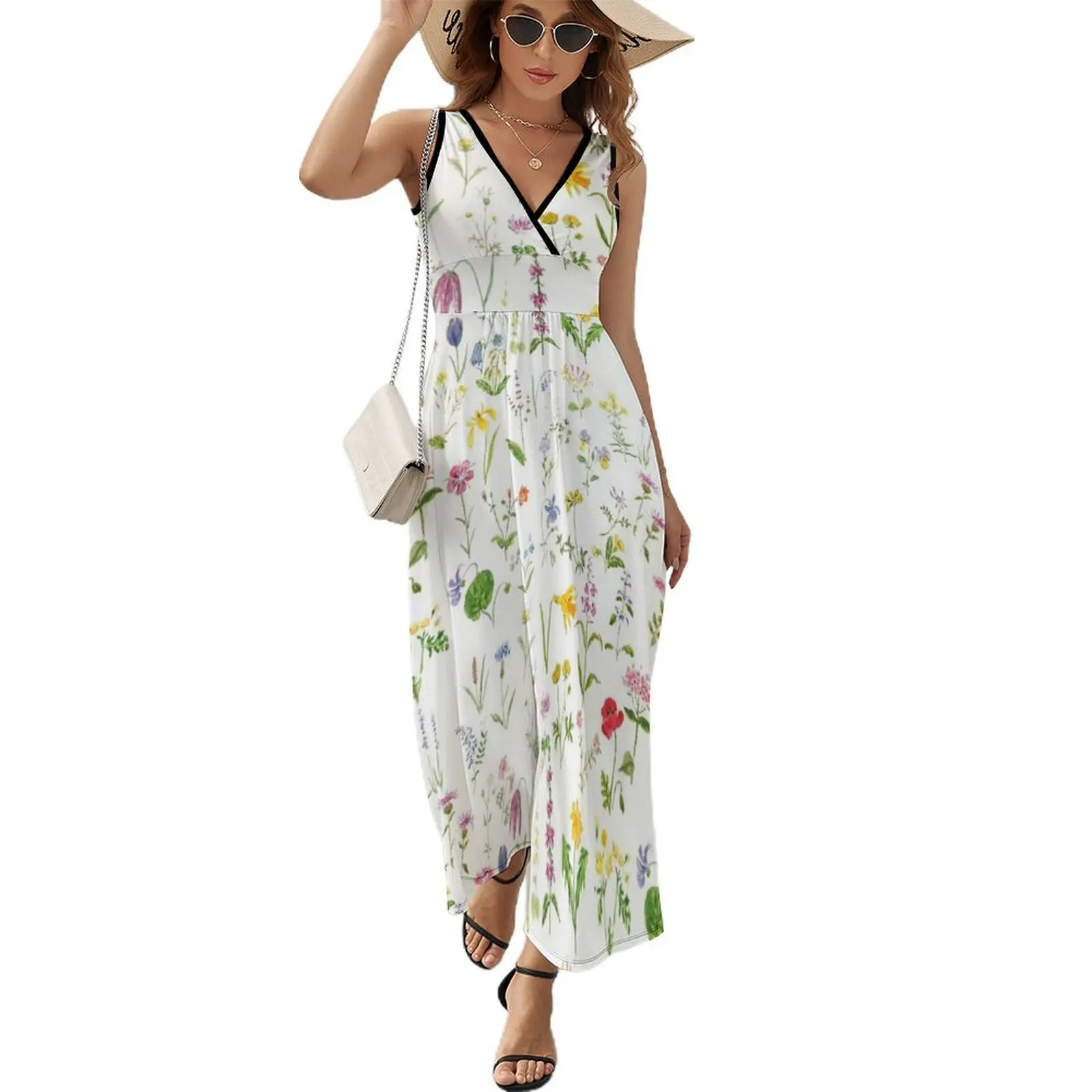 hand painted botanical colorful countryside wildflowers watercolor painting Sleeveless Dress clothes Dress hand painted botanical colorful countryside wildflowers watercolor painting Sleeveless Dress clothes Dress