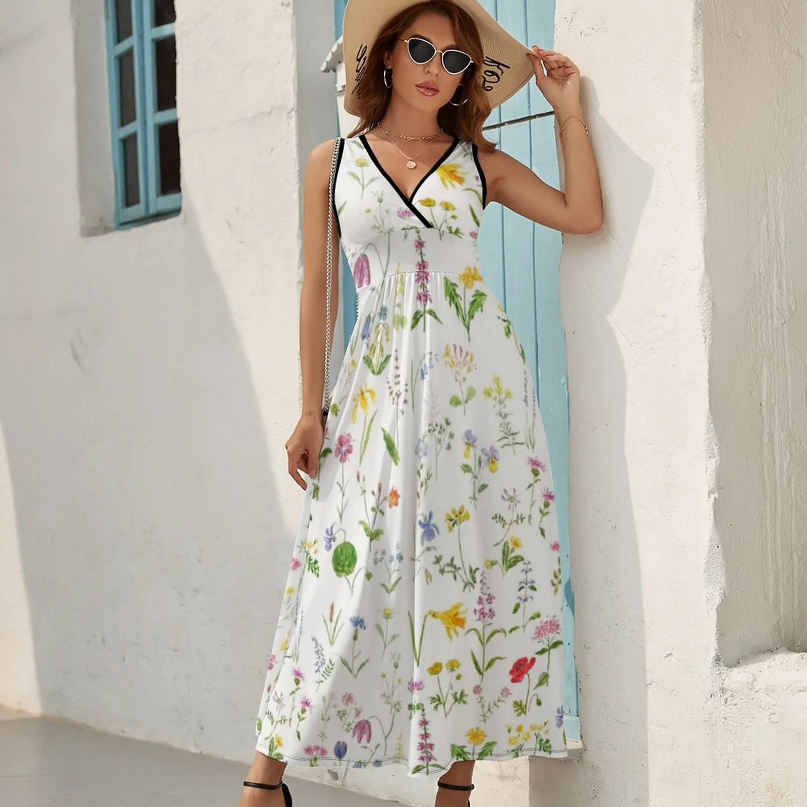hand painted botanical colorful countryside wildflowers watercolor painting Sleeveless Dress clothes Dress