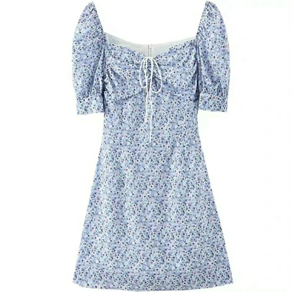 Y2K Floral Mini Dress Women Bandage Lace Puff Sleeve Summmer Skinny Slim Bodycon Prom Party High Waist Vintage Dresses Woman 90S