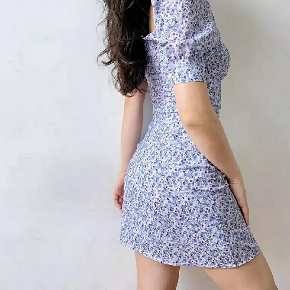 Y2K Floral Mini Dress Women Bandage Lace Puff Sleeve Summmer Skinny Slim Bodycon Prom Party High Waist Vintage Dresses Woman 90S