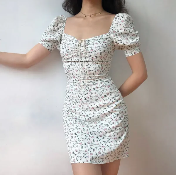 Y2K Floral Mini Dress Women Bandage Lace Puff Sleeve Summmer Skinny Slim Bodycon Prom Party High Waist Vintage Dresses Woman 90S - Image 2