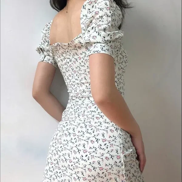 Y2K Floral Mini Dress Women Bandage Lace Puff Sleeve Summmer Skinny Slim Bodycon Prom Party High Waist Vintage Dresses Woman 90S - Image 5
