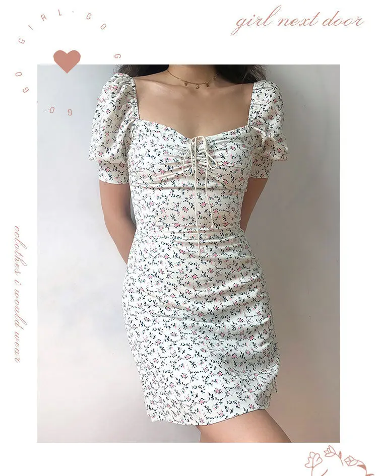 Y2K Floral Mini Dress Women Bandage Lace Puff Sleeve Summmer Skinny Slim Bodycon Prom Party High Waist Vintage Dresses Woman 90S