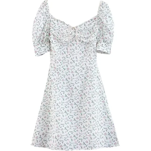 Y2K Floral Mini Dress Women Bandage Lace Puff Sleeve Summmer Skinny Slim Bodycon Prom Party High Waist Vintage Dresses Woman 90S - Image 6