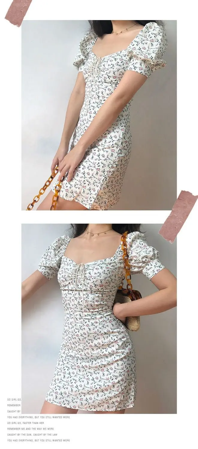 Y2K Floral Mini Dress Women Bandage Lace Puff Sleeve Summmer Skinny Slim Bodycon Prom Party High Waist Vintage Dresses Woman 90S