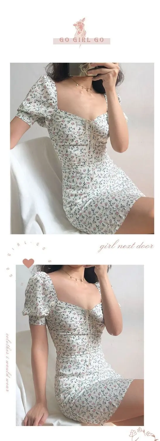 Y2K Floral Mini Dress Women Bandage Lace Puff Sleeve Summmer Skinny Slim Bodycon Prom Party High Waist Vintage Dresses Woman 90S