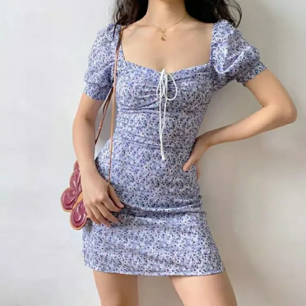 Y2K Floral Mini Dress Women Bandage Lace Puff Sleeve Summmer Skinny Slim Bodycon Prom Party High Waist Vintage Dresses Woman 90S