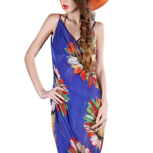 Women Beach Dress Cover-ups Swim Wear Cover Summer Beach Veil Female Ladies Sexy Deep V-Neck Robe Caftan - Image 2