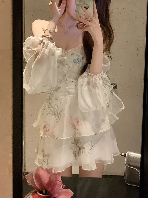 Chiffon Dress for Women Long Sleeve Party French Style Dress Fairycore Floral Ruffles Square Collar New Spring Summer Dress - Image 3