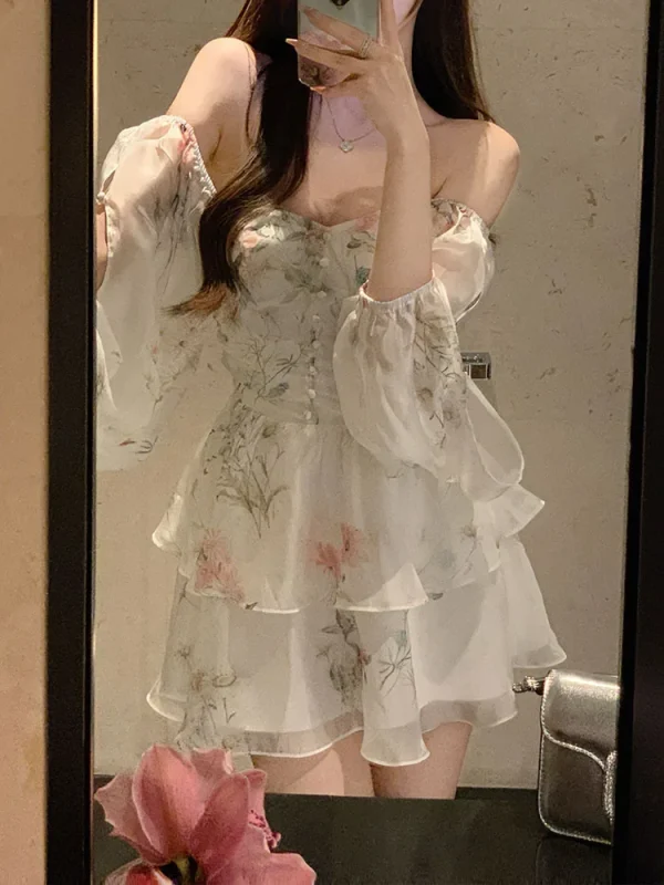 Chiffon Dress for Women Long Sleeve Party French Style Dress Fairycore Floral Ruffles Square Collar New Spring Summer Dress - Image 6