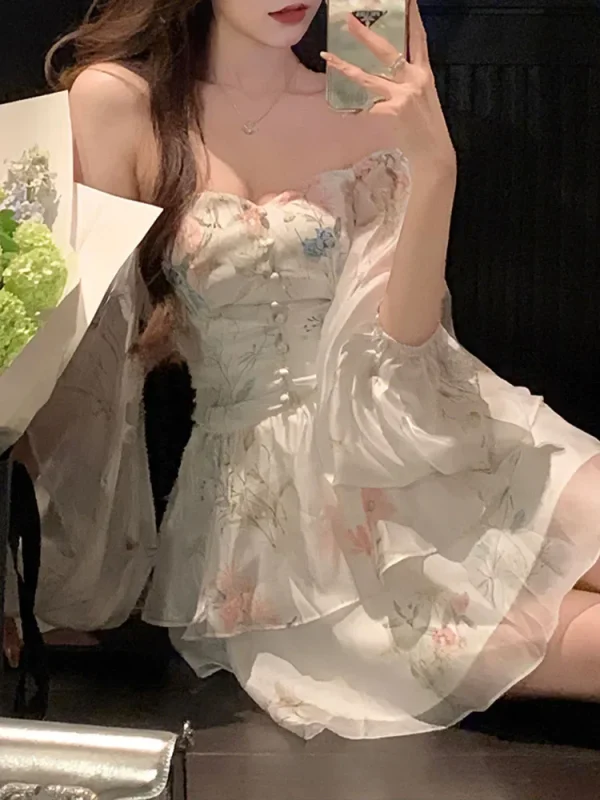 Chiffon Dress for Women Long Sleeve Party French Style Dress Fairycore Floral Ruffles Square Collar New Spring Summer Dress - Image 4