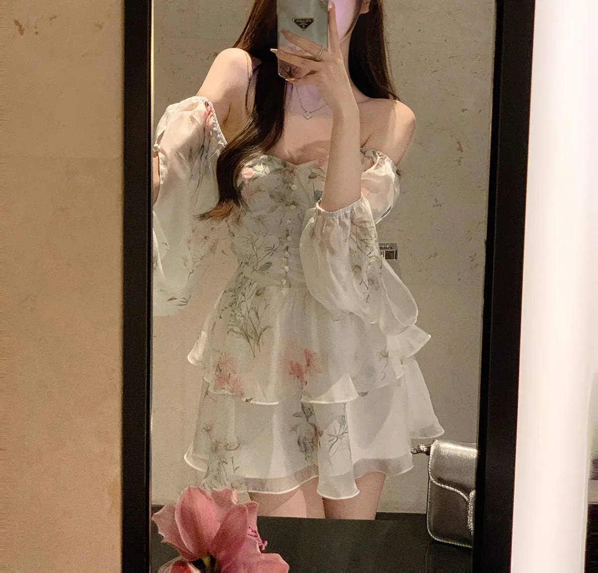Chiffon Dress for Women Long Sleeve Party French Style Dress Fairycore Floral Ruffles Square Collar New Spring Summer Dress