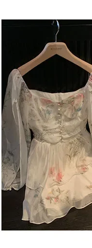 Chiffon Dress for Women Long Sleeve Party French Style Dress Fairycore Floral Ruffles Square Collar New Spring Summer Dress