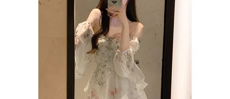 Chiffon Dress for Women Long Sleeve Party French Style Dress Fairycore Floral Ruffles Square Collar New Spring Summer Dress