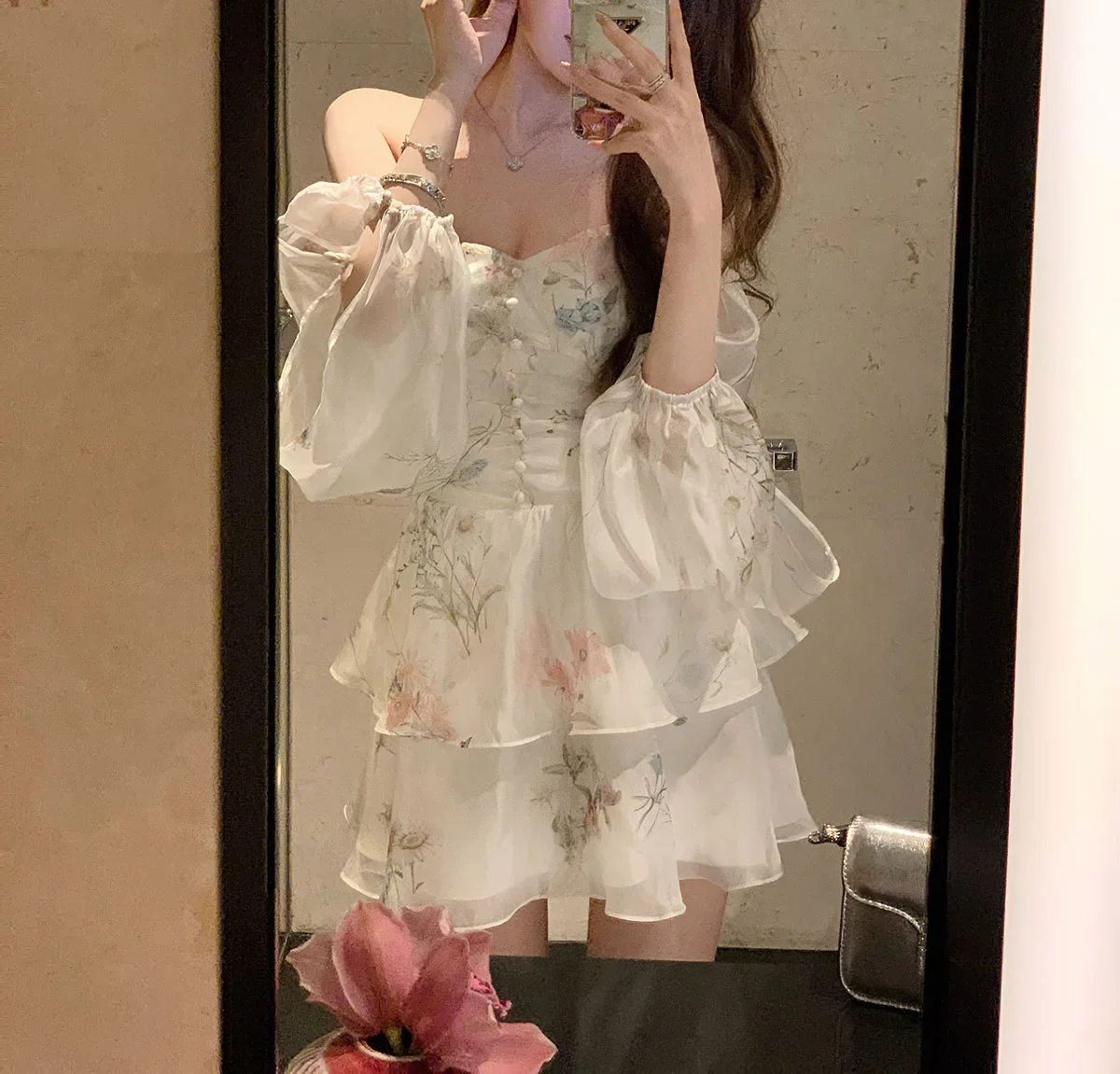 Chiffon Dress for Women Long Sleeve Party French Style Dress Fairycore Floral Ruffles Square Collar New Spring Summer Dress
