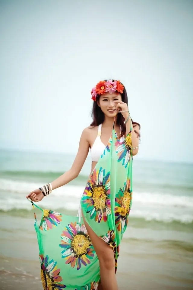 Printed Cover-ups Sexy Beach Dress Women Halter Sling Chiffon Beach Towel Bikini Wrap Pareo Skirts Open-Back Swimwear