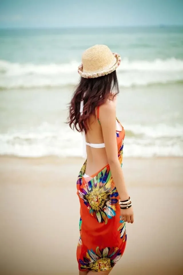 Printed Cover-ups Sexy Beach Dress Women Halter Sling Chiffon Beach Towel Bikini Wrap Pareo Skirts Open-Back Swimwear