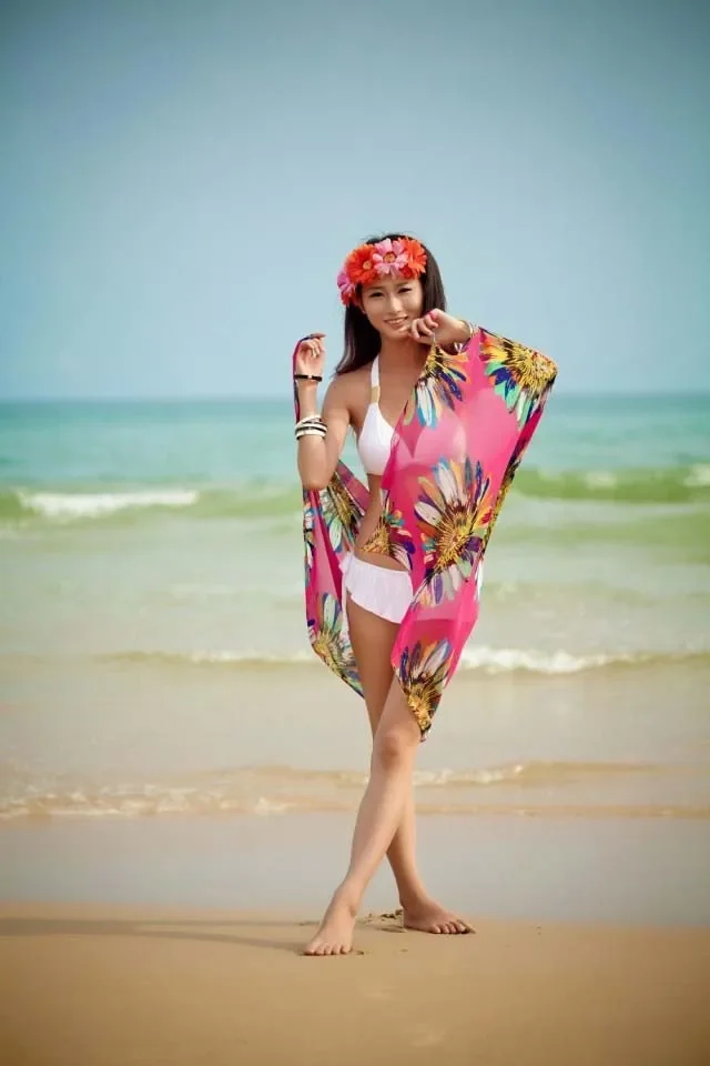 Printed Cover-ups Sexy Beach Dress Women Halter Sling Chiffon Beach Towel Bikini Wrap Pareo Skirts Open-Back Swimwear