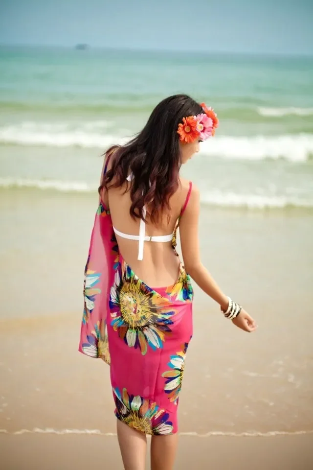 Printed Cover-ups Sexy Beach Dress Women Halter Sling Chiffon Beach Towel Bikini Wrap Pareo Skirts Open-Back Swimwear