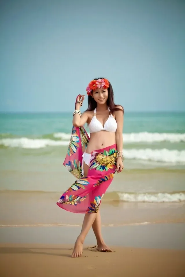 Printed Cover-ups Sexy Beach Dress Women Halter Sling Chiffon Beach Towel Bikini Wrap Pareo Skirts Open-Back Swimwear