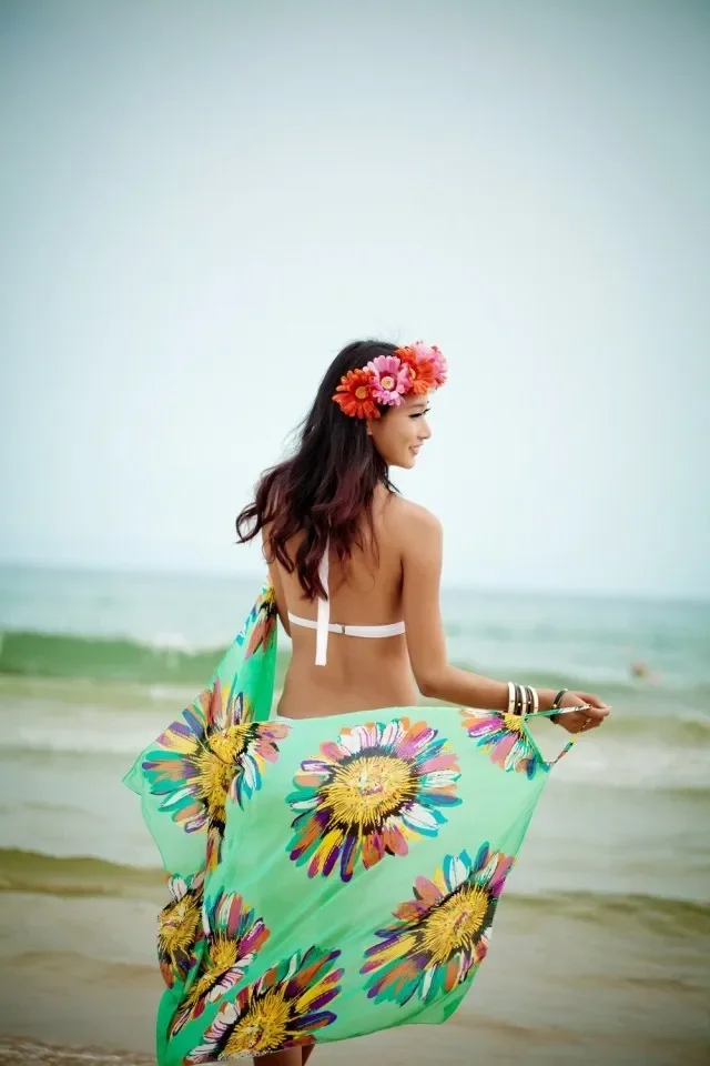 Printed Cover-ups Sexy Beach Dress Women Halter Sling Chiffon Beach Towel Bikini Wrap Pareo Skirts Open-Back Swimwear
