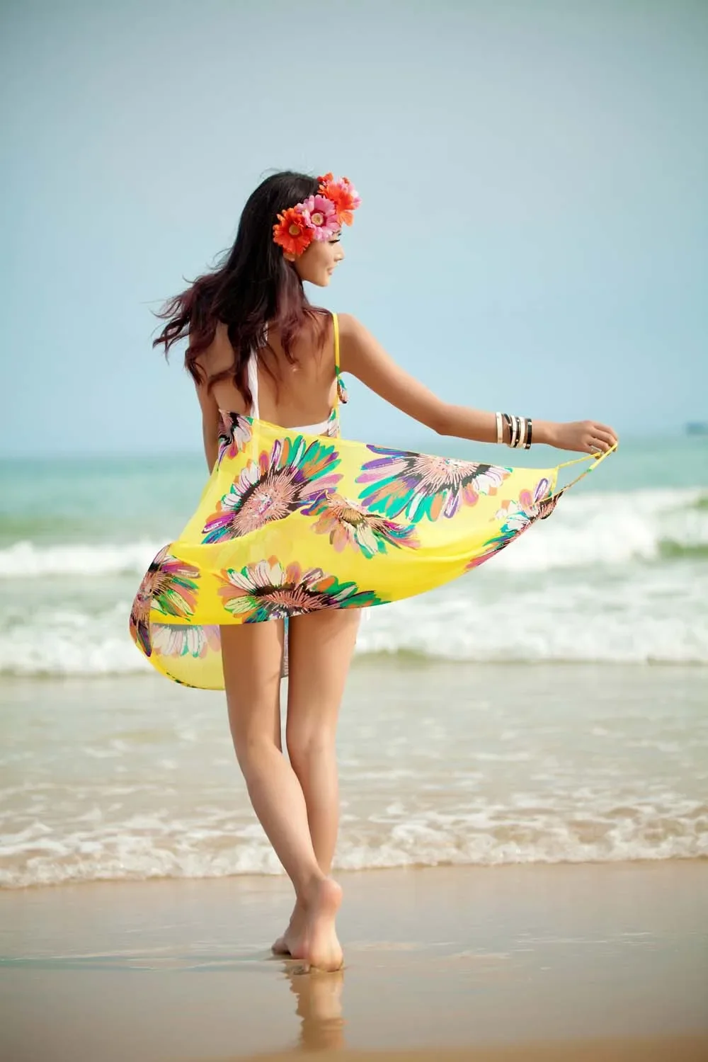Printed Cover-ups Sexy Beach Dress Women Halter Sling Chiffon Beach Towel Bikini Wrap Pareo Skirts Open-Back Swimwear