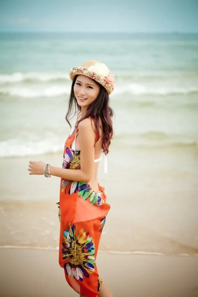 Printed Cover-ups Sexy Beach Dress Women Halter Sling Chiffon Beach Towel Bikini Wrap Pareo Skirts Open-Back Swimwear