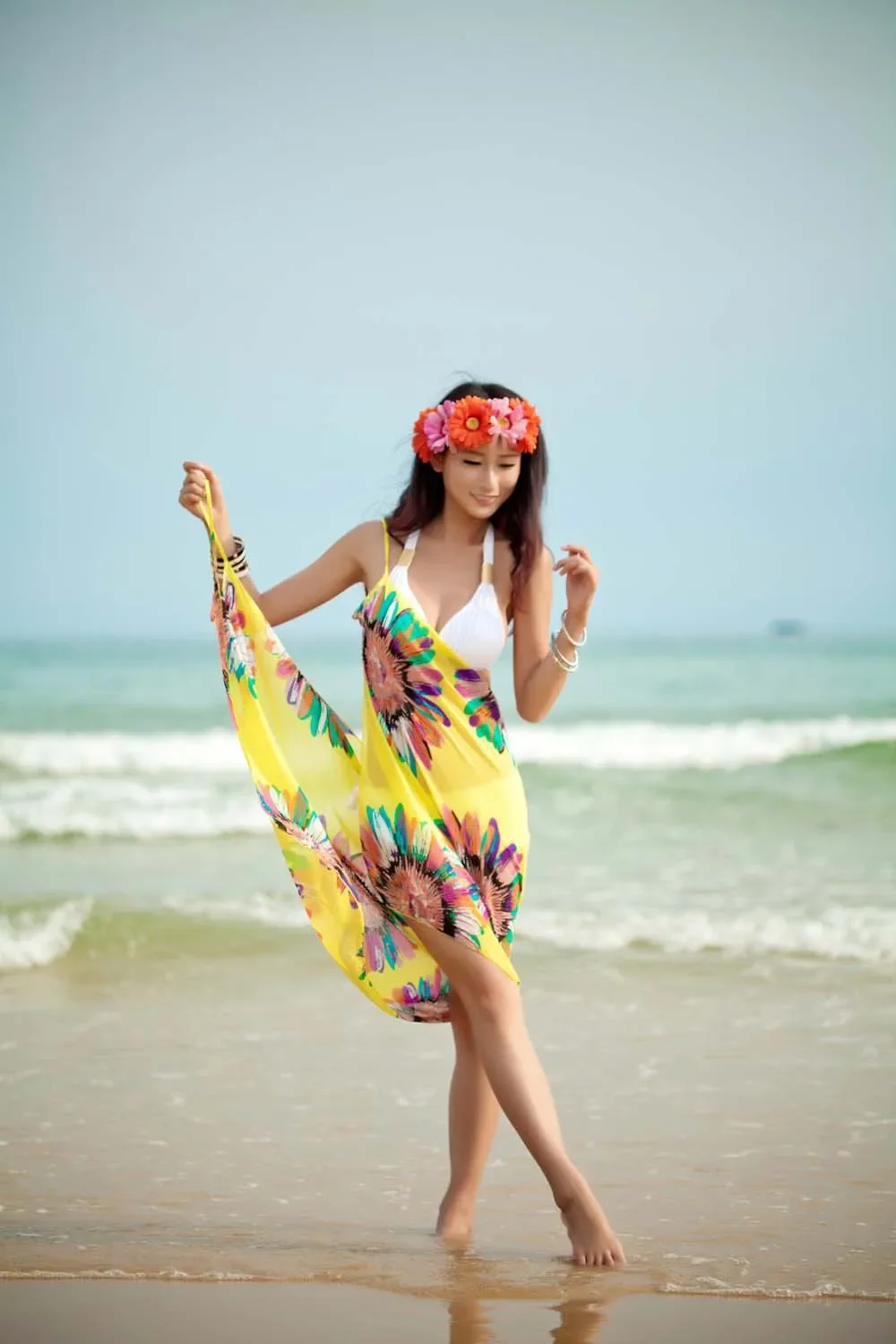 Printed Cover-ups Sexy Beach Dress Women Halter Sling Chiffon Beach Towel Bikini Wrap Pareo Skirts Open-Back Swimwear