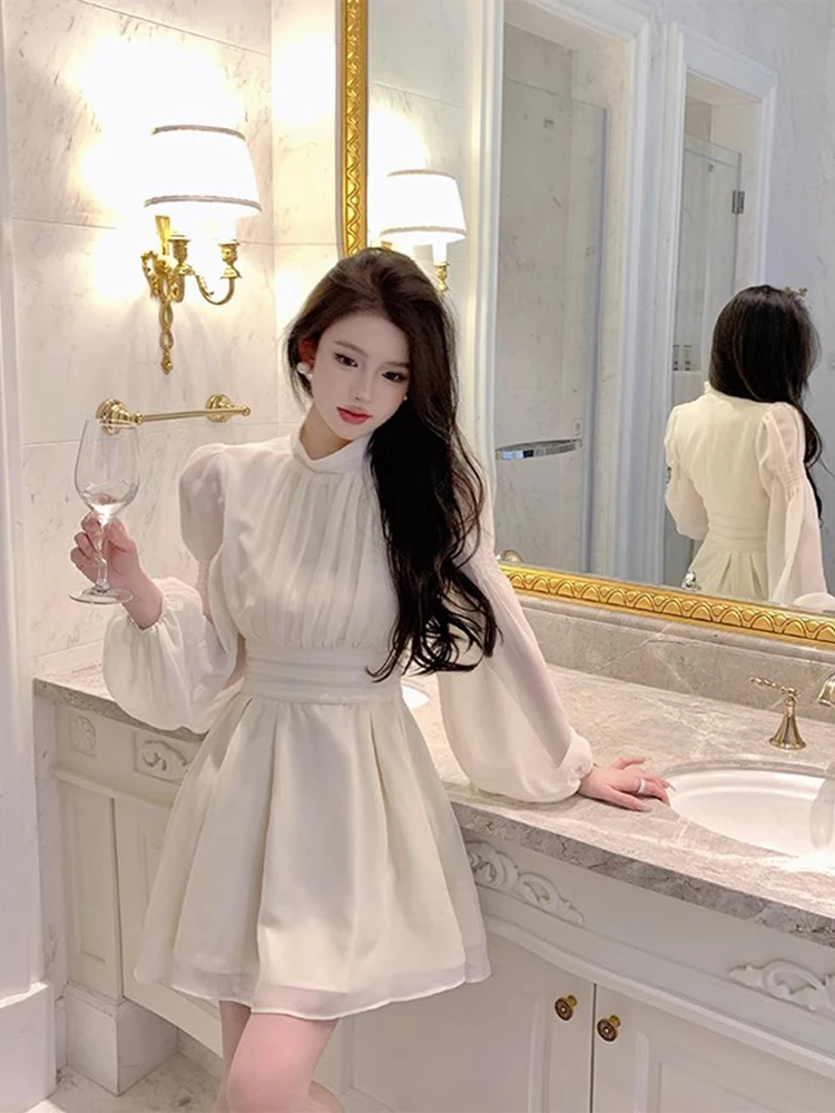 OCEANLOVE Chiffon Mini Dresses Spring Autumn Solid Long Sleeve Elegant Vestidos Mujer Korean Fashion A-line Sweet Women Dress