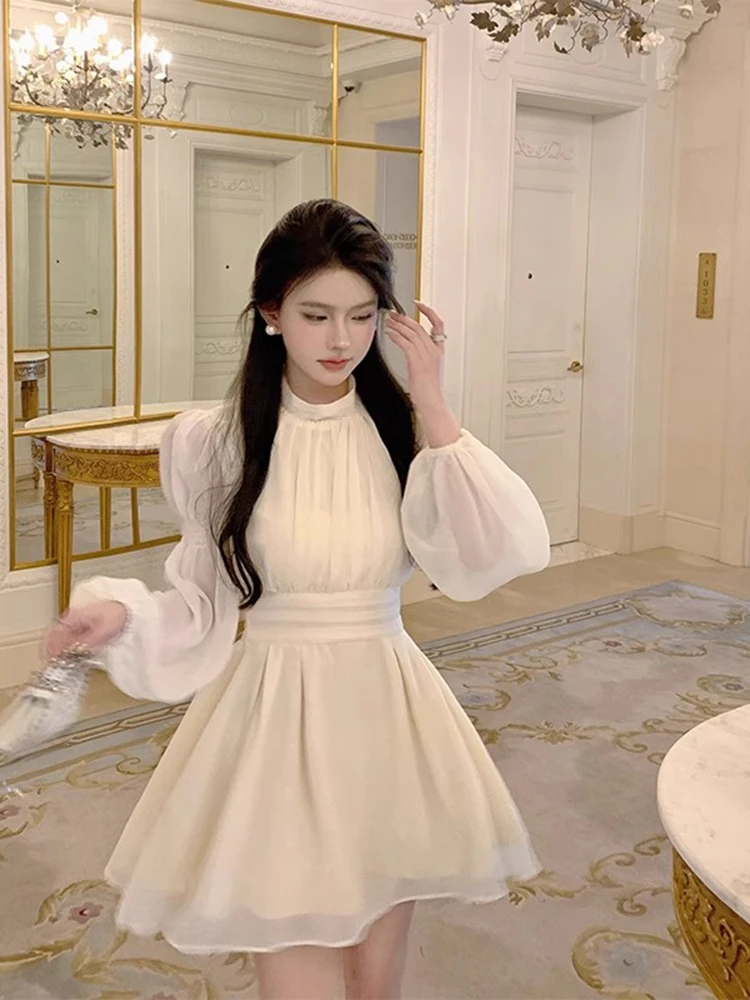 OCEANLOVE Chiffon Mini Dresses Spring Autumn Solid Long Sleeve Elegant Vestidos Mujer Korean Fashion A-line Sweet Women Dress