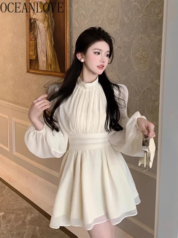 OCEANLOVE Chiffon Mini Dresses Spring Autumn Solid Long Sleeve Elegant Vestidos Mujer Korean Fashion A-line Sweet Women Dress