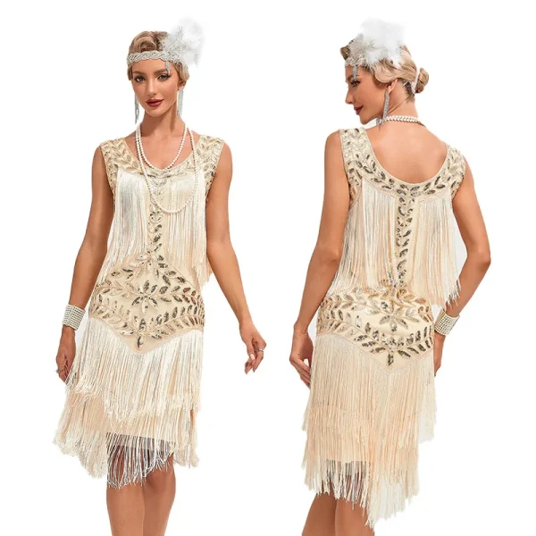 1920s Vintage Dress Beaded Sequin 30S Flapper Dresses Prom Wedding Women Vintage Dress Big Neck Beaded Fringed Fashion Tassels - Image 3