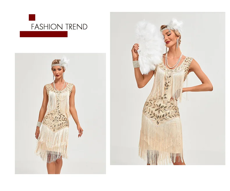 1920s Vintage Dress Beaded Sequin 30S Flapper Dresses Prom Wedding Women Vintage Dress Big Neck Beaded Fringed Fashion Tassels