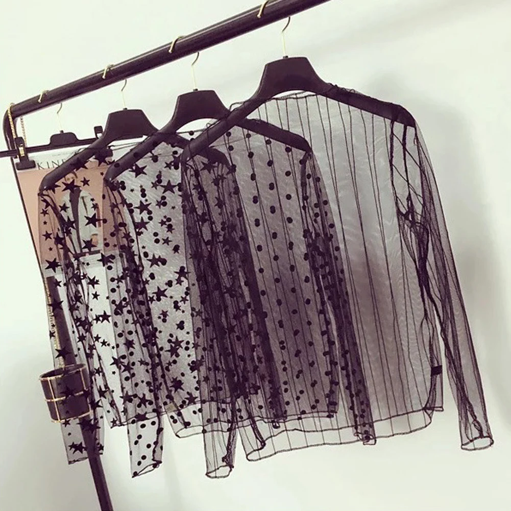Women Fashion T-Shirts Tulle Mesh Versatile Long Sleeve Ladies Printed Tops Casual Thin Base Blouses Lace Sheer Blouses Women Fashion T-Shirts Tulle Mesh Versatile Long Sleeve Ladies Printed Tops Casual Thin Base Blouses Lace Sheer Blouses