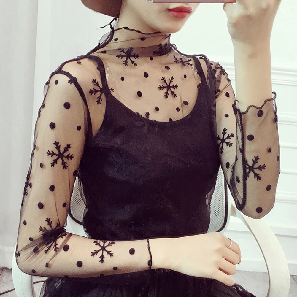 Women Fashion T-Shirts Tulle Mesh Versatile Long Sleeve Ladies Printed Tops Casual Thin Base Blouses Lace Sheer Blouses Women Fashion T-Shirts Tulle Mesh Versatile Long Sleeve Ladies Printed Tops Casual Thin Base Blouses Lace Sheer Blouses