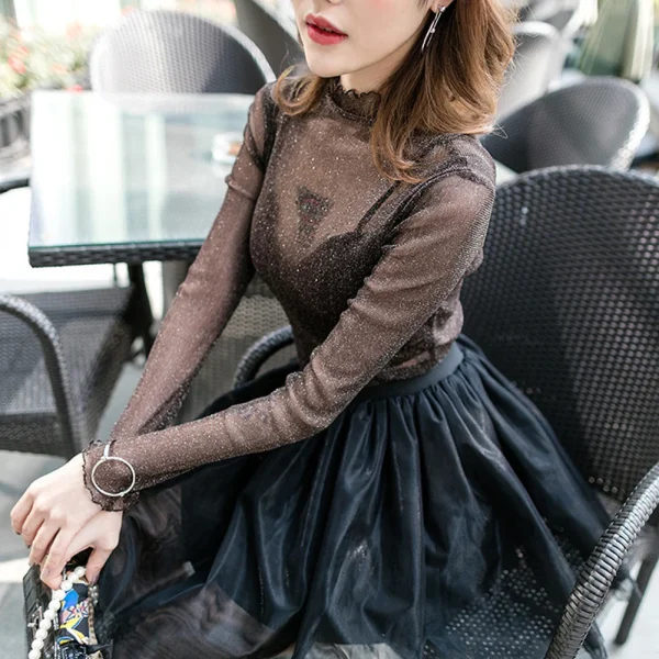 Women Fashion T-Shirts Tulle Mesh Versatile Long Sleeve Ladies Printed Tops Casual Thin Base Blouses Lace Sheer Blouses - Image 6