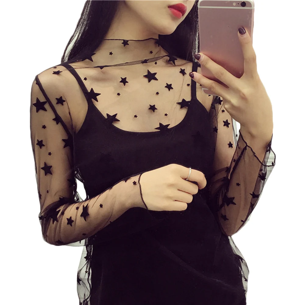 Women Fashion T-Shirts Tulle Mesh Versatile Long Sleeve Ladies Printed Tops Casual Thin Base Blouses Lace Sheer Blouses Women Fashion T-Shirts Tulle Mesh Versatile Long Sleeve Ladies Printed Tops Casual Thin Base Blouses Lace Sheer Blouses
