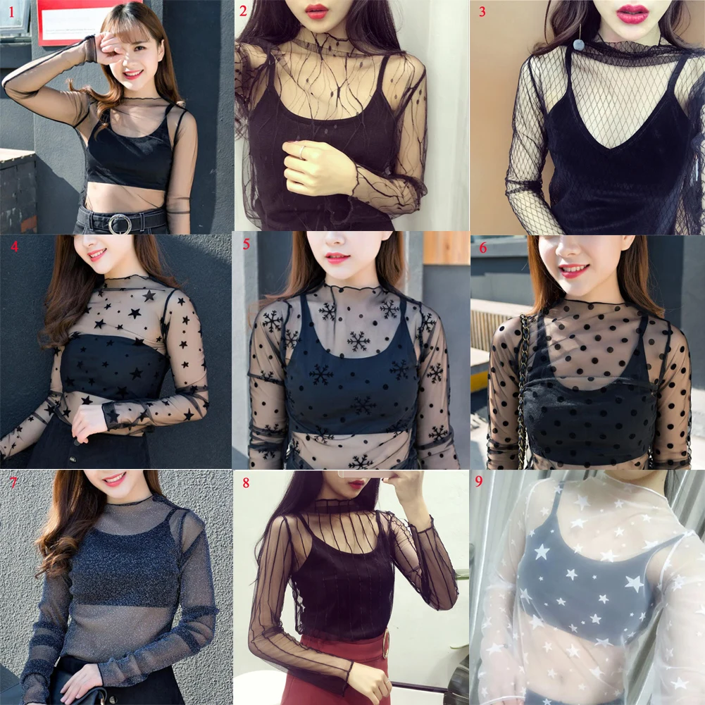 Women Fashion T-Shirts Tulle Mesh Versatile Long Sleeve Ladies Printed Tops Casual Thin Base Blouses Lace Sheer Blouses Women Fashion T-Shirts Tulle Mesh Versatile Long Sleeve Ladies Printed Tops Casual Thin Base Blouses Lace Sheer Blouses