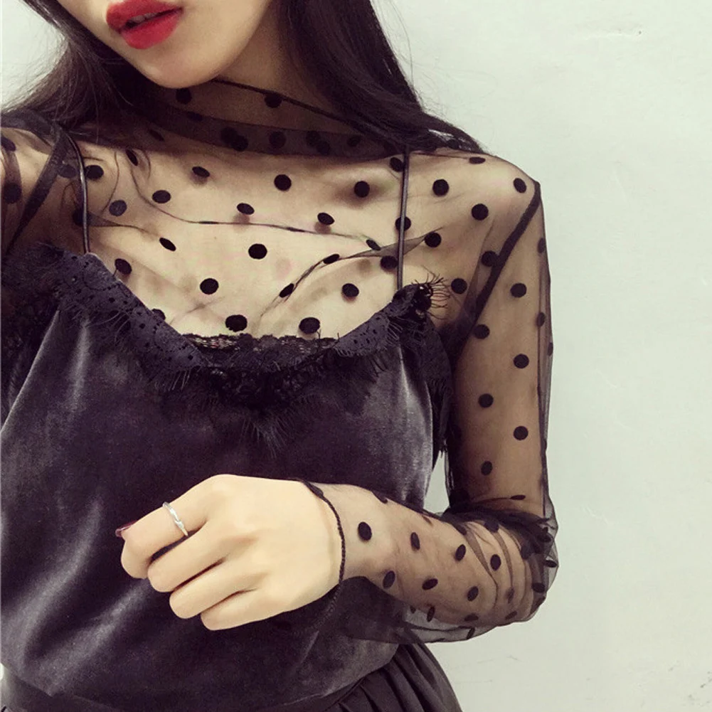 Women Fashion T-Shirts Tulle Mesh Versatile Long Sleeve Ladies Printed Tops Casual Thin Base Blouses Lace Sheer Blouses Women Fashion T-Shirts Tulle Mesh Versatile Long Sleeve Ladies Printed Tops Casual Thin Base Blouses Lace Sheer Blouses