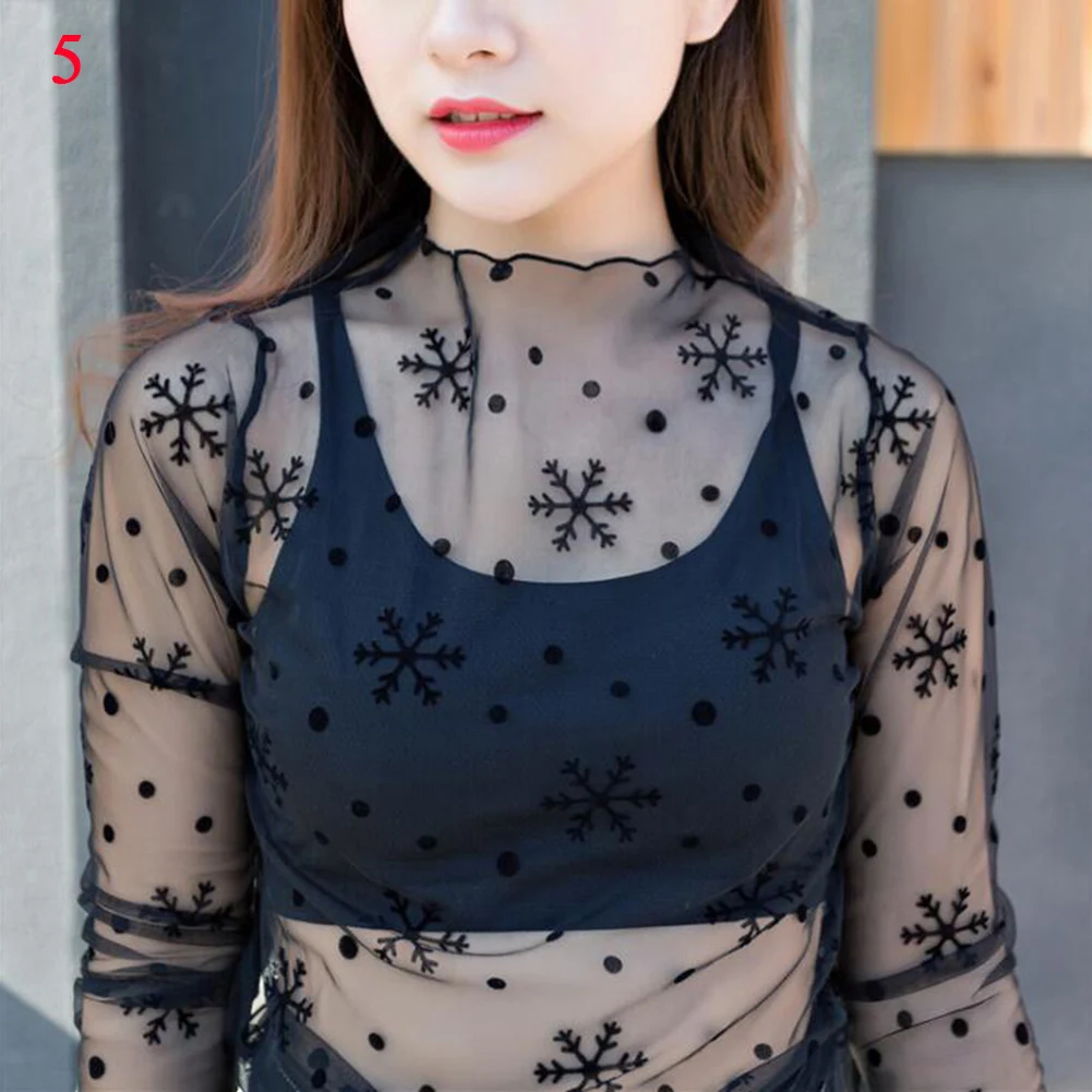 Women Fashion T-Shirts Tulle Mesh Versatile Long Sleeve Ladies Printed Tops Casual Thin Base Blouses Lace Sheer Blouses Women Fashion T-Shirts Tulle Mesh Versatile Long Sleeve Ladies Printed Tops Casual Thin Base Blouses Lace Sheer Blouses