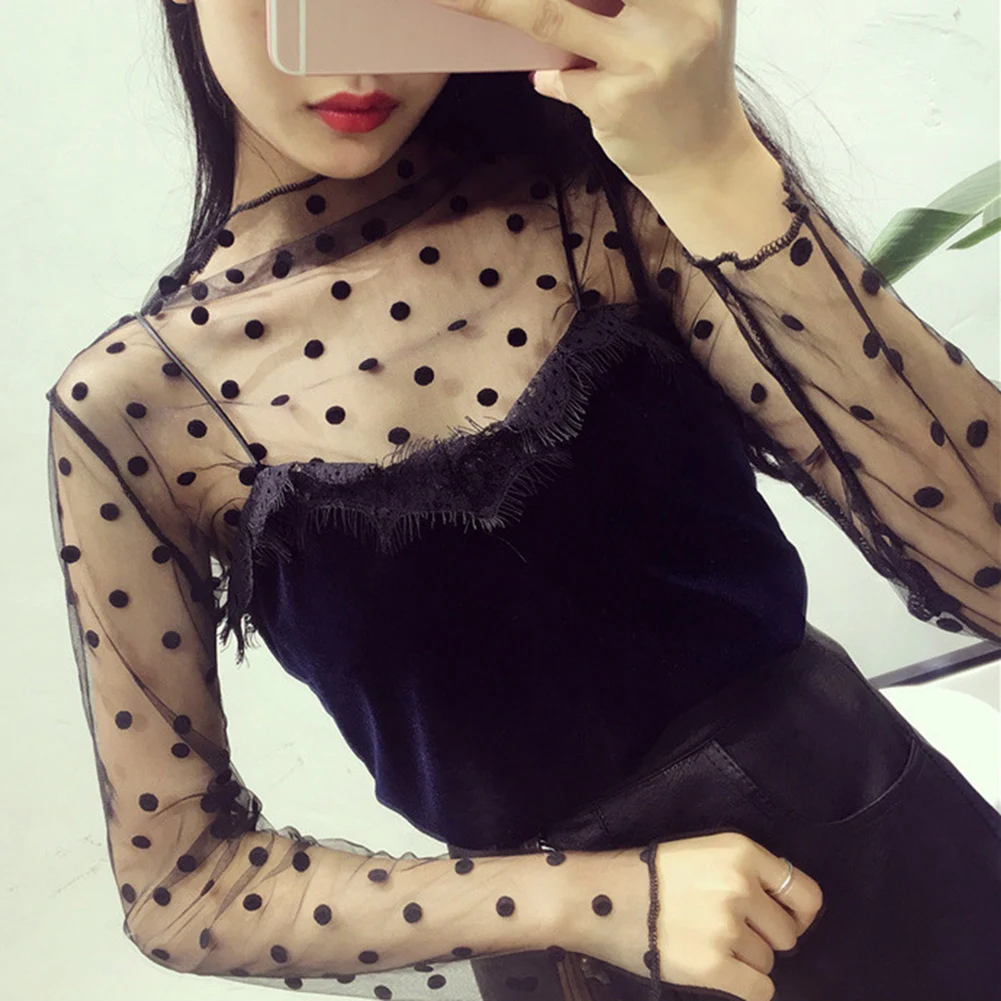 Women Fashion T-Shirts Tulle Mesh Versatile Long Sleeve Ladies Printed Tops Casual Thin Base Blouses Lace Sheer Blouses Women Fashion T-Shirts Tulle Mesh Versatile Long Sleeve Ladies Printed Tops Casual Thin Base Blouses Lace Sheer Blouses