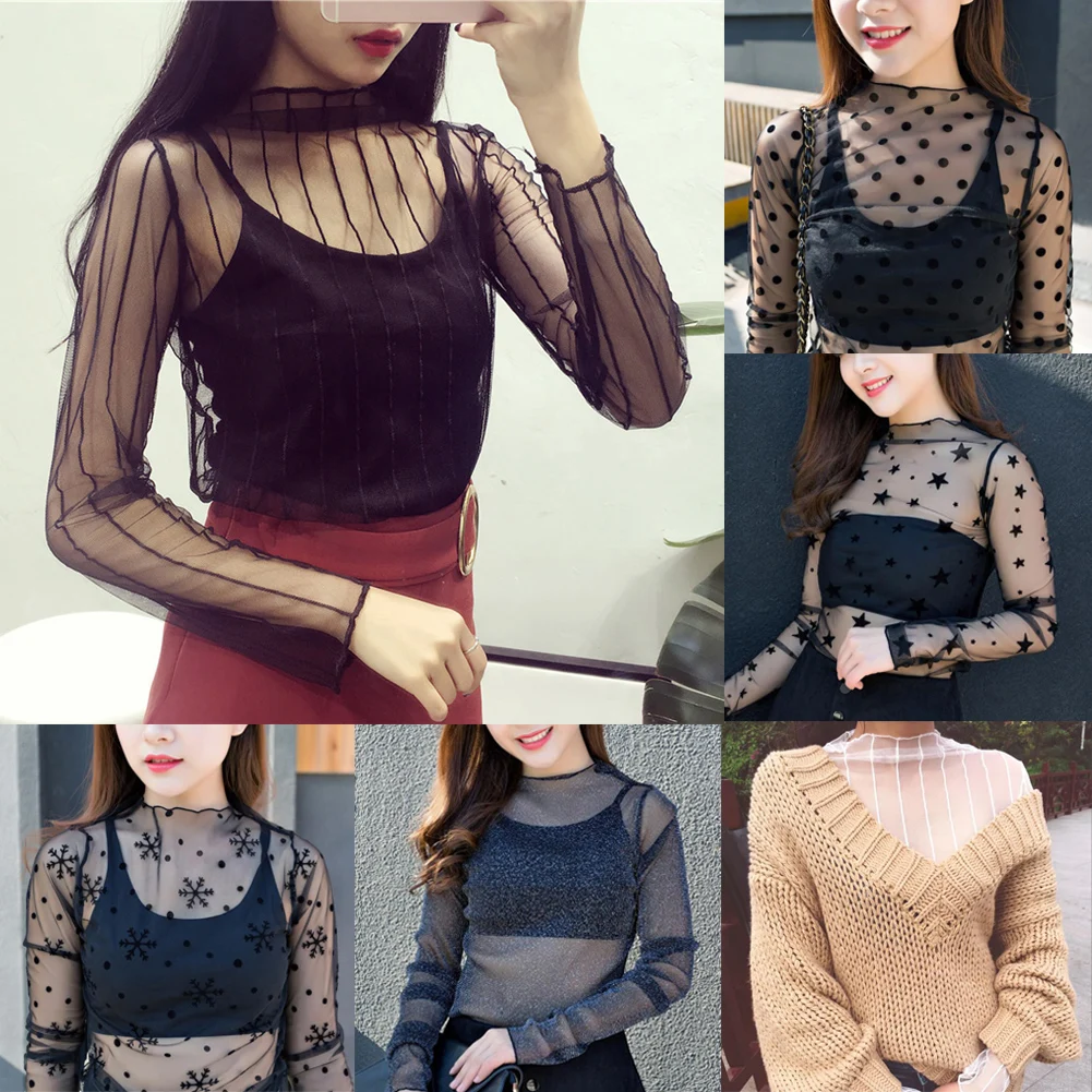 Women Fashion T-Shirts Tulle Mesh Versatile Long Sleeve Ladies Printed Tops Casual Thin Base Blouses Lace Sheer Blouses Women Fashion T-Shirts Tulle Mesh Versatile Long Sleeve Ladies Printed Tops Casual Thin Base Blouses Lace Sheer Blouses