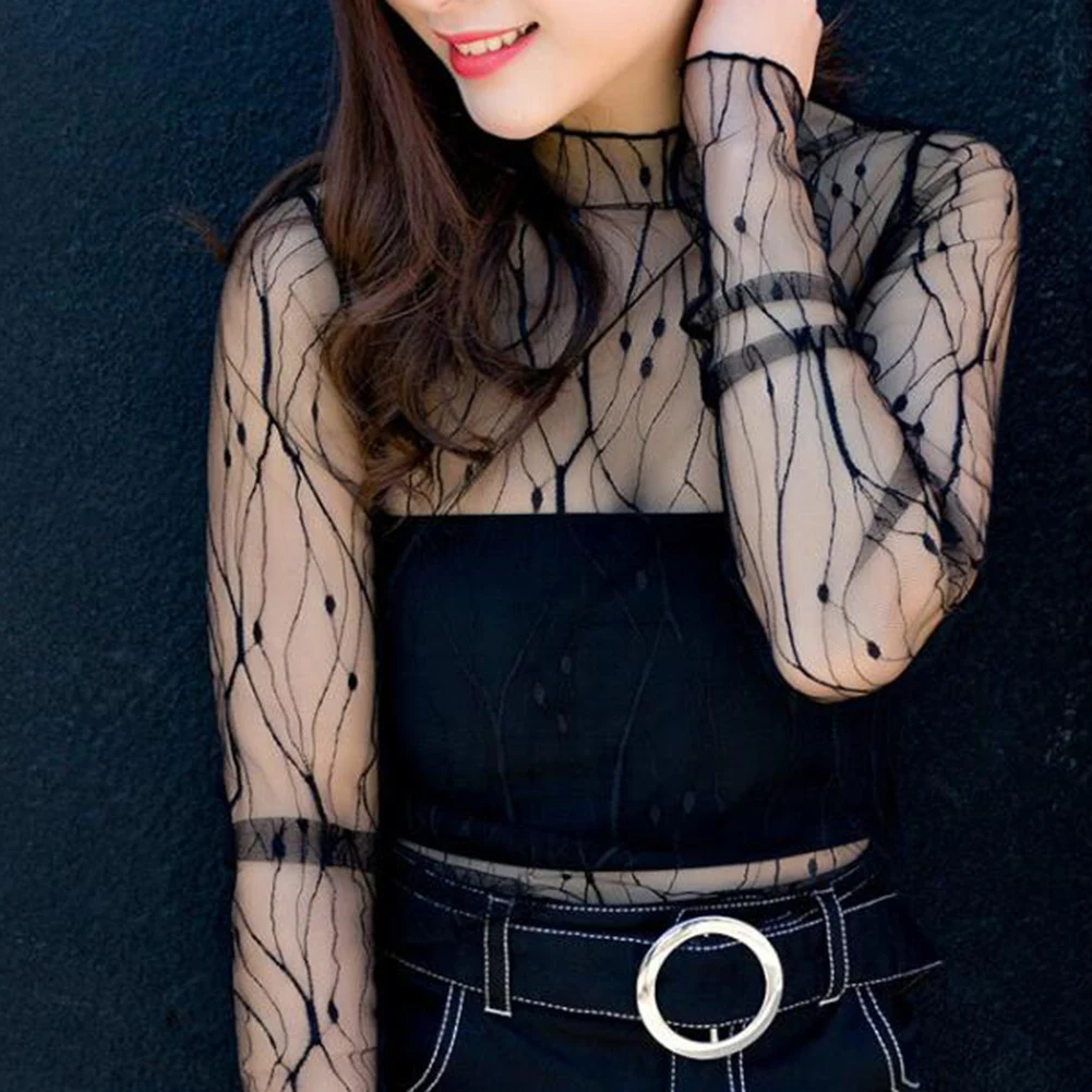 Women Fashion T-Shirts Tulle Mesh Versatile Long Sleeve Ladies Printed Tops Casual Thin Base Blouses Lace Sheer Blouses Women Fashion T-Shirts Tulle Mesh Versatile Long Sleeve Ladies Printed Tops Casual Thin Base Blouses Lace Sheer Blouses